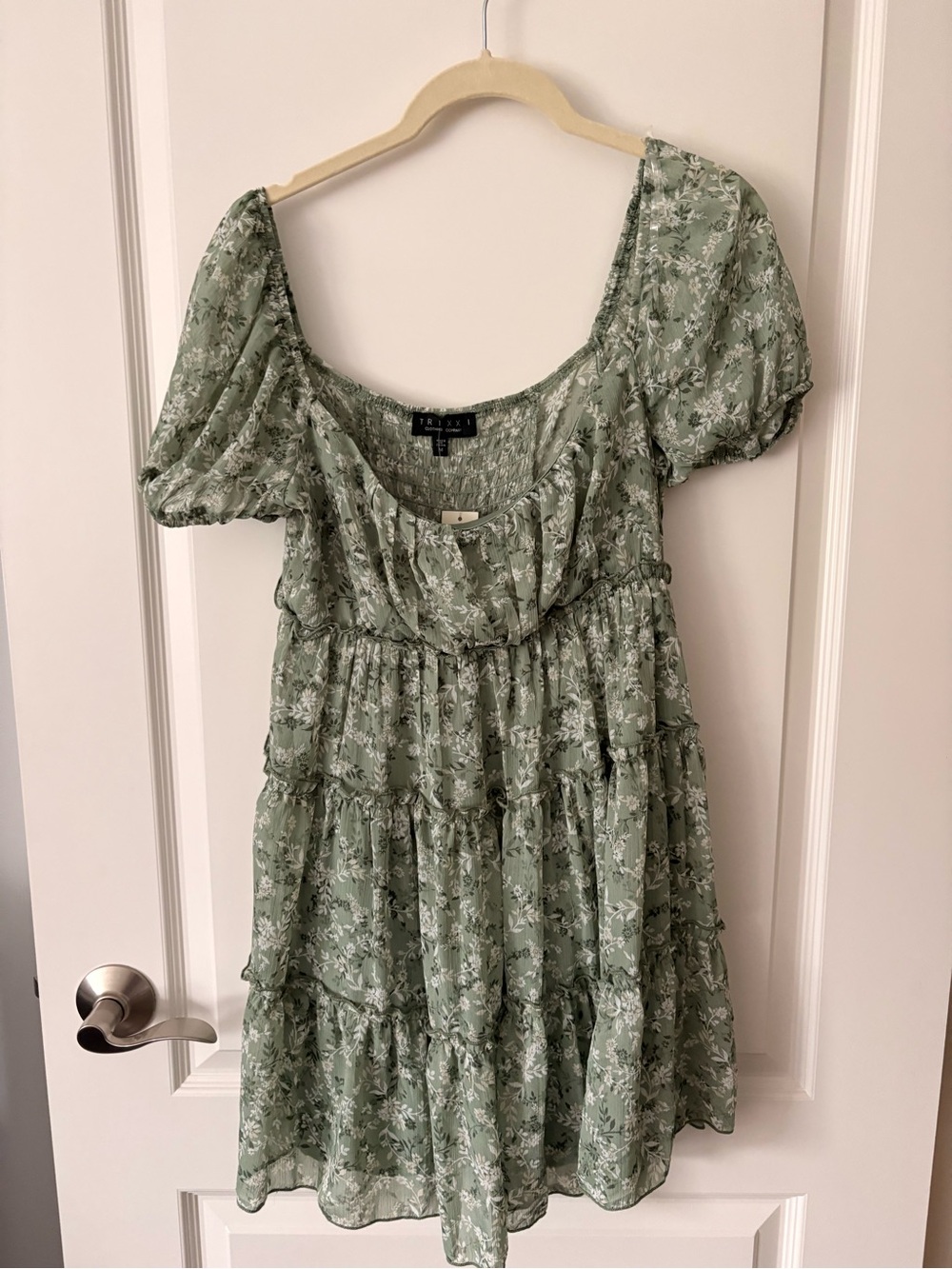 Trixxi Light Sage Green Floral Tiered Mini Dress